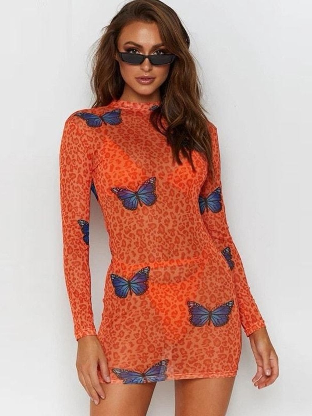 🦋 Butterfly Print Mesh Mini Dress‎ Orange High Neck Sheer Overlay Size Small